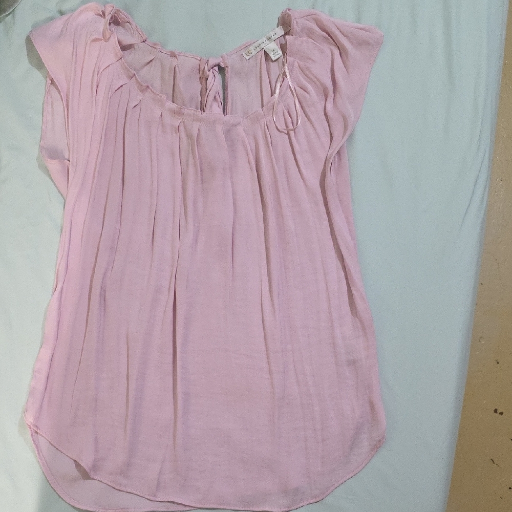 LC Lauren Conrad Pink Ruffled Blouse with Gathered Neckline